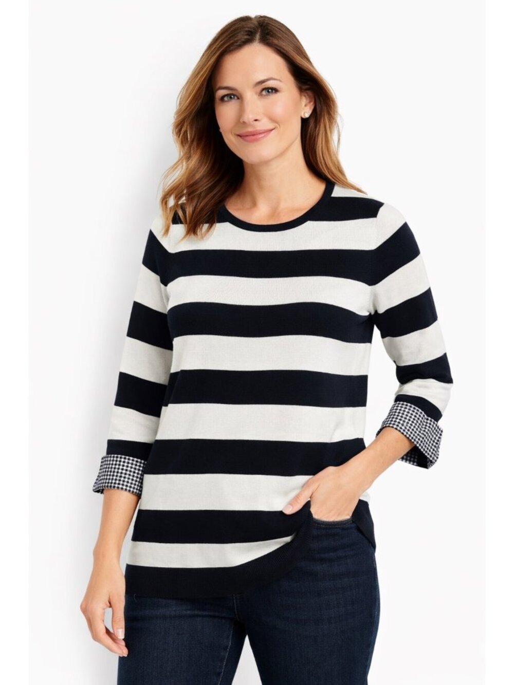Talbots Top Large Black White Striped Knit Gingham 3/4 Sleeve Classic Preppy
